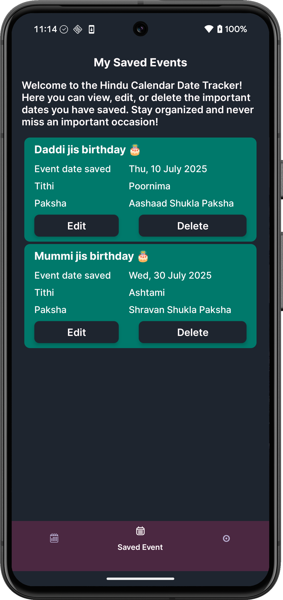 My Saved Events showing family birthday tracking
